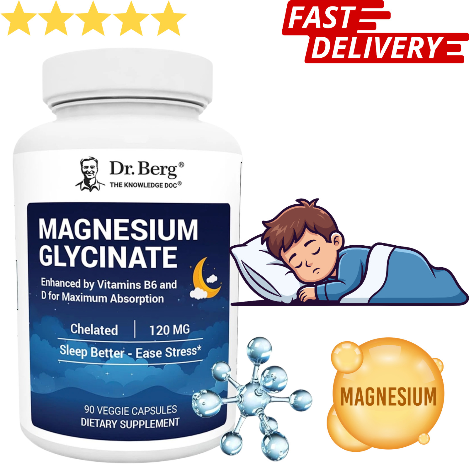 Dr. Berg Magnesium Glycinate with Vitamin D, B6 & Zinc for Stress Relief, Calm