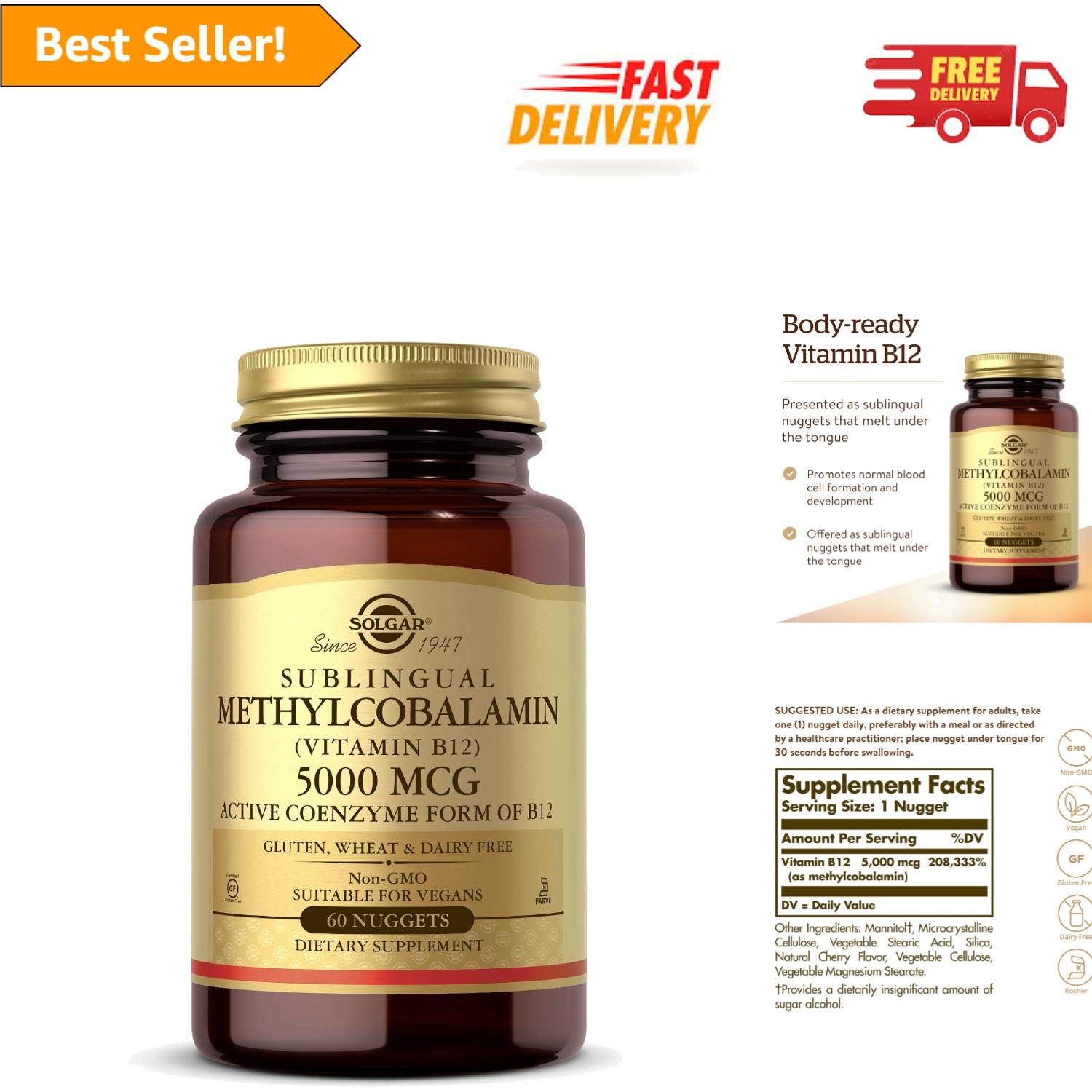 60 Non-GMO  B12 Nuggets – Methylcobalamin 5000 mcg for Optimal Wellness