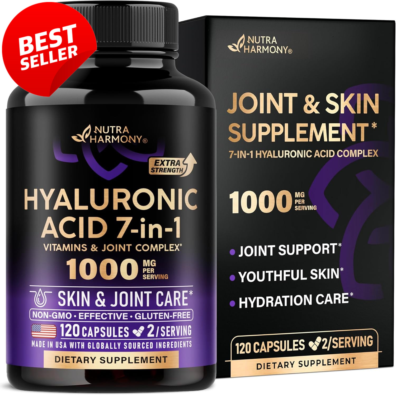 Hyaluronic Acid 1000mg Capsules Collagen MSM D3 Joint Skin 120ct – US