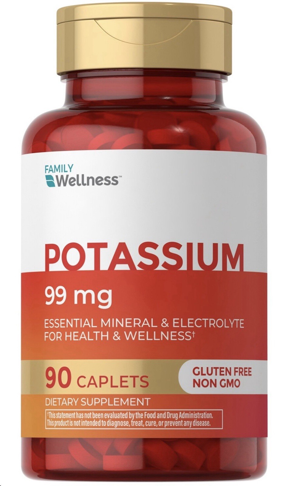 Potassium 99mg 90 Caplets Gluten-Free NonGMO Mineral Supplement-Family Wellness