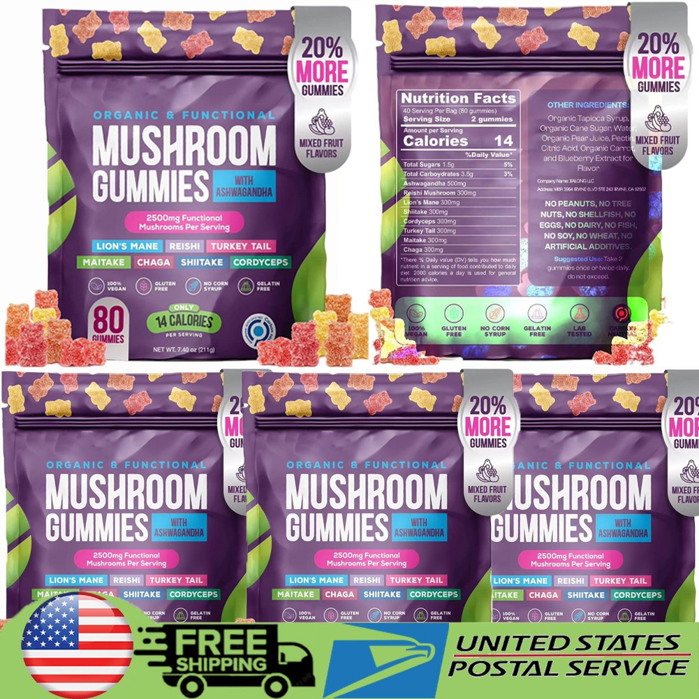1~5x Mushroom Gummies Supplement with Ashwagandha Functional Mushroom Gummies