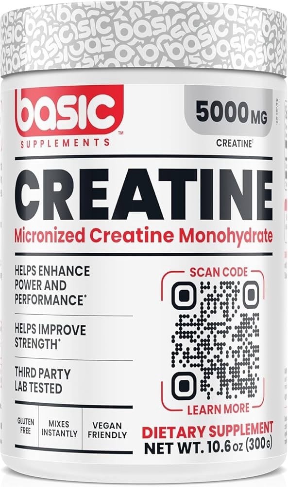 Basic Creatine Monohydrate 5000mg Powder, 100% Pure Micronized for Muscle Growth