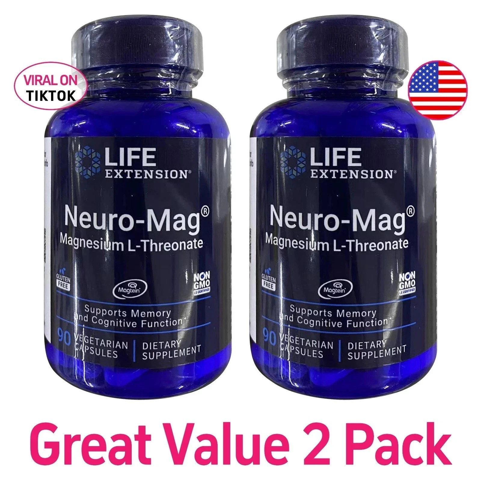 2 PACK Neuro-Mag Magnesium L-Threonate from 2000 mg Magtein – Life Extension