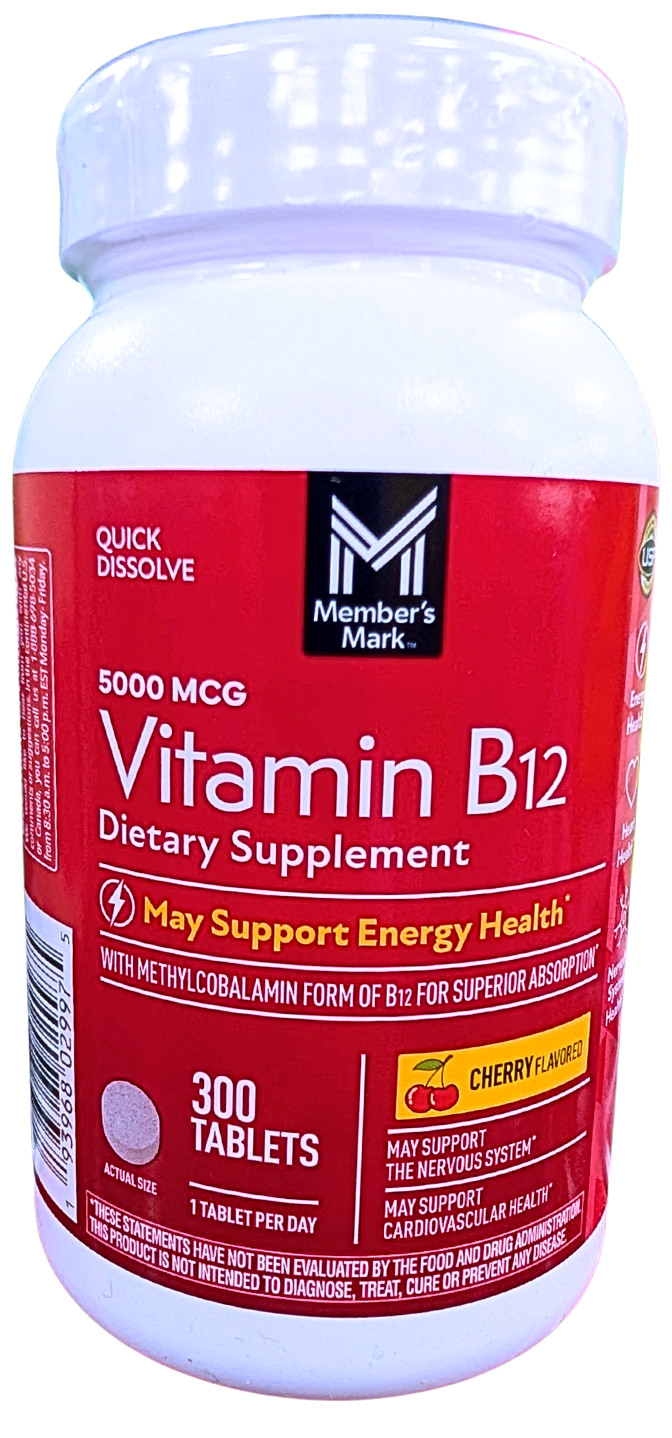 Member’s Mark Vitamin B12 Quick Dissolve Tablets 5000 mcg Cherry 300 Ct EXP04/29