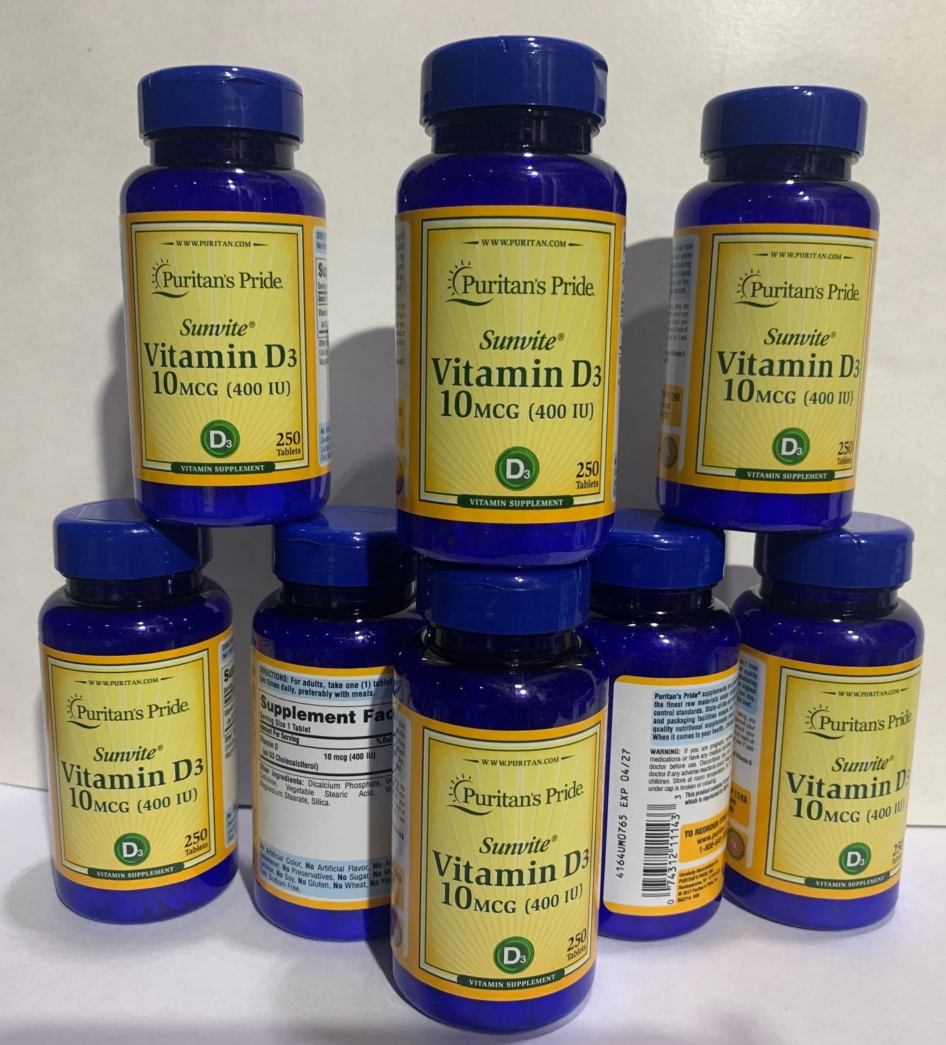 8x Puritan’s Pride Vitamin D3 10 mcg 400 IU Sunvite Bone Health 250 Tabs Each