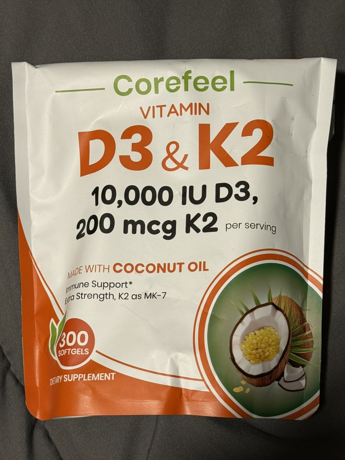 VEV CoreFeel Vitamin D3 10,000 IU, K2 200 mcg with Coconut Oil