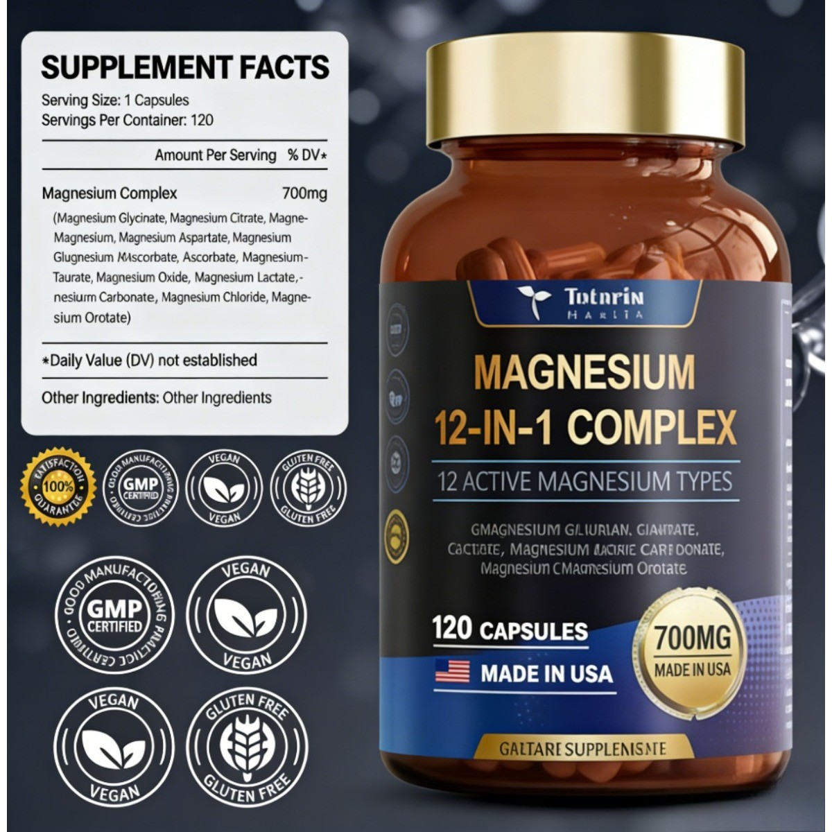 12-in-1 Magnesium 700mg by Totaria Nature | Vegan Nerve & Bone Health Supplement
