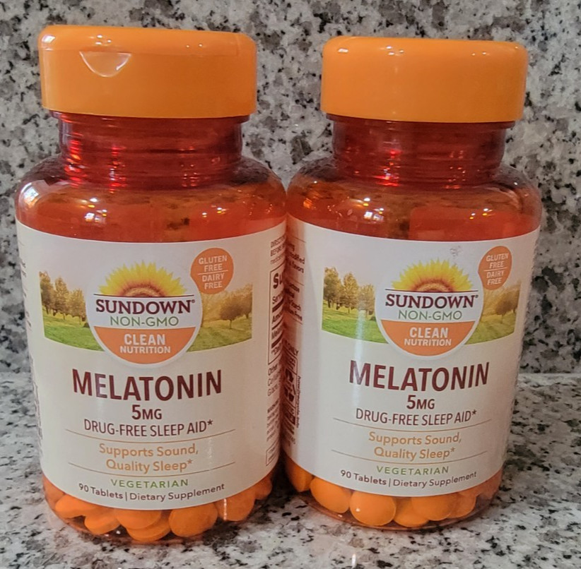 2 Sundown Natural Melatonin 5 mg, Drug-Free Sleep Aid, 90 Coated Tablet Exp 7/27