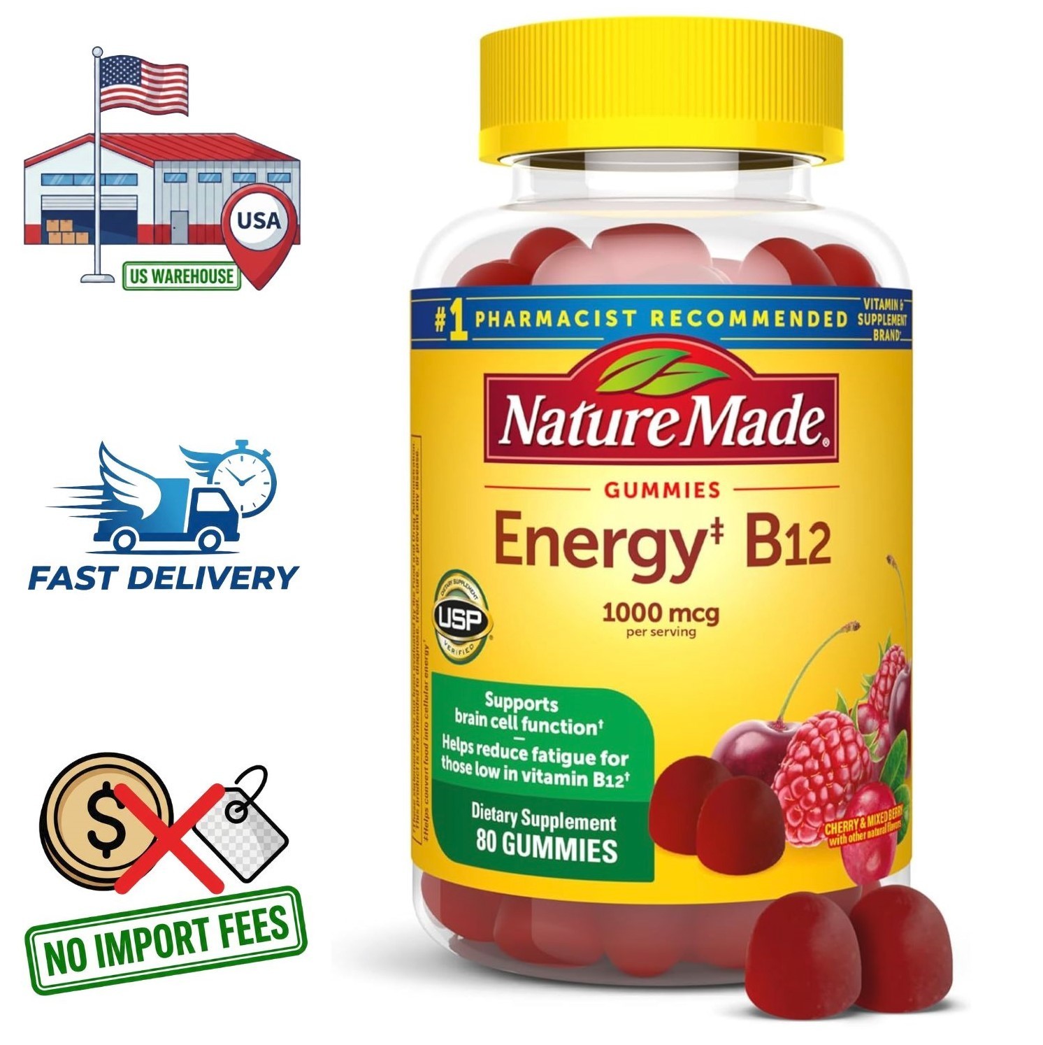 Vitamin B12 1000mcg Supplement, 80 Gummies Cherry & Mixed Berry