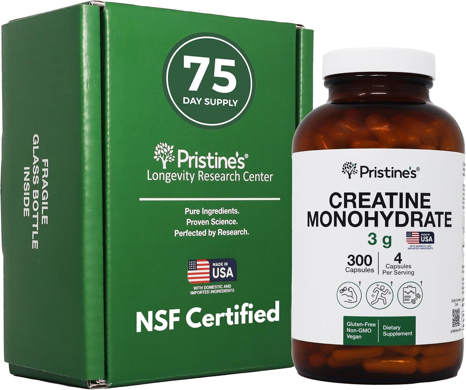 PRISTINE’S Creatine Monohydrate Capsules for Women & Men – NSF Certified 75 Day