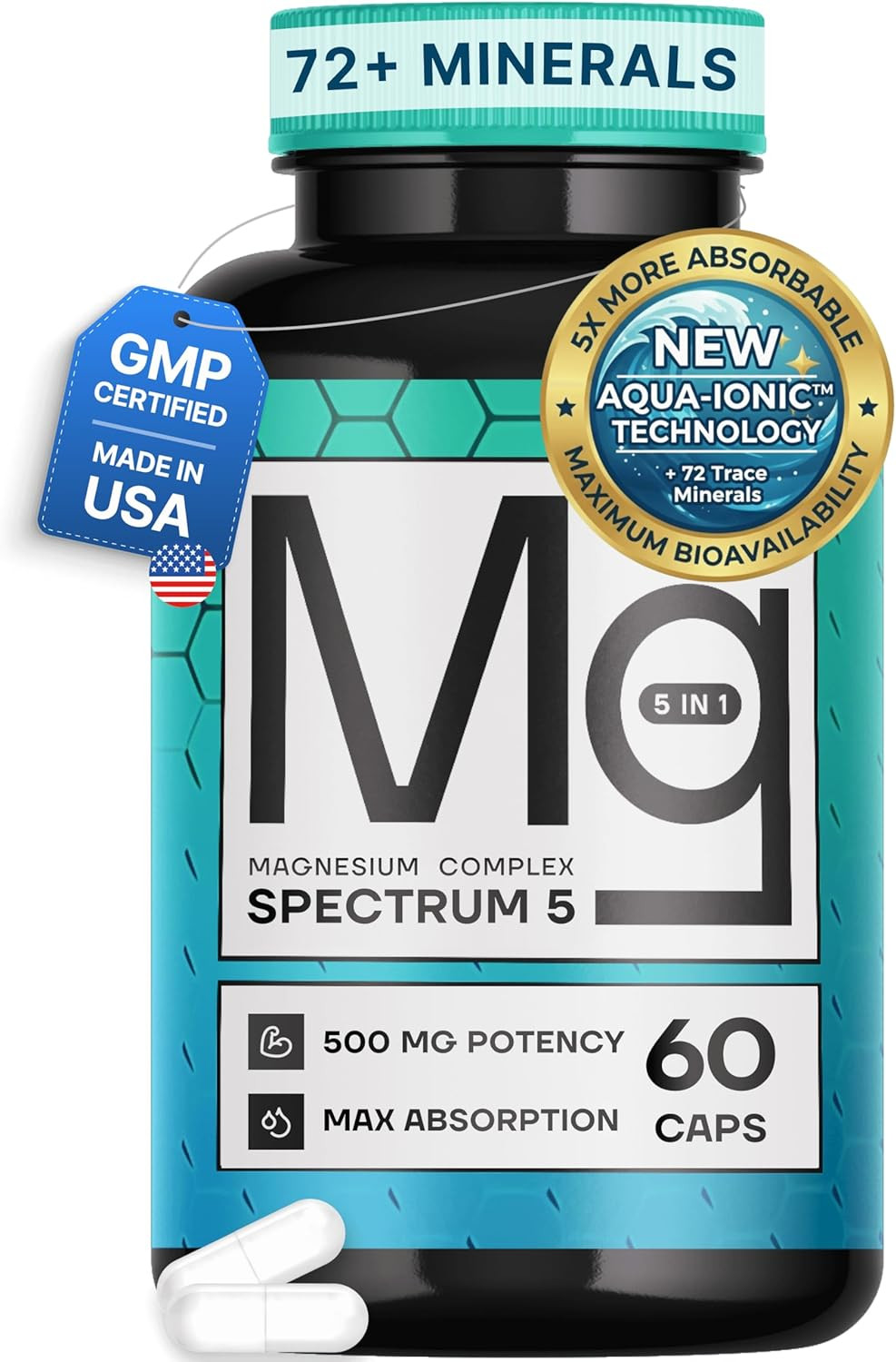 Spectrum 5 Magnesium Complex 500mg 5-in-1 Glycinate Citrate Malate 72 Minerals