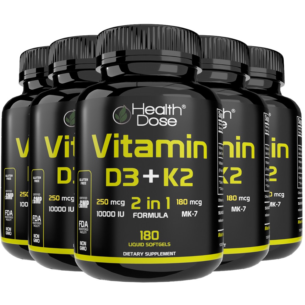 Health Dose Vitamin D3 + K2. 2 in 1 Formula. 180 Liquid Softgels, Pack Of 5