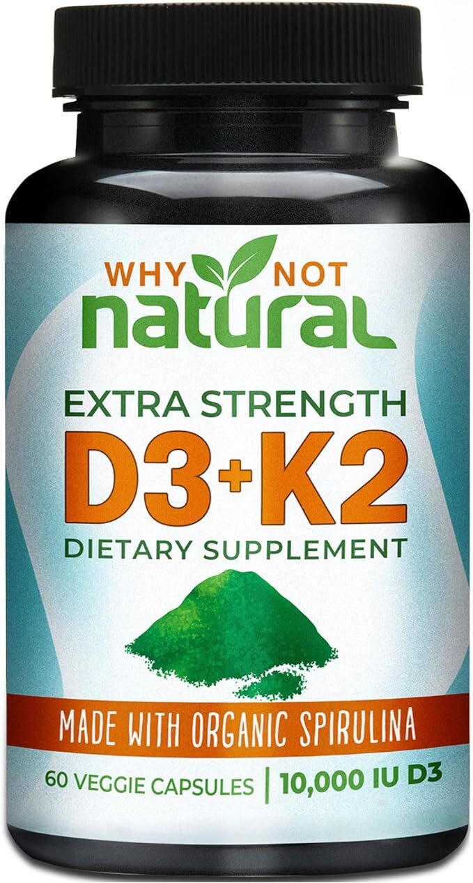 Why Not Natural Organic Vitamin D3 K2 (MK-7) with Spirulina, 10000IU 60Caps