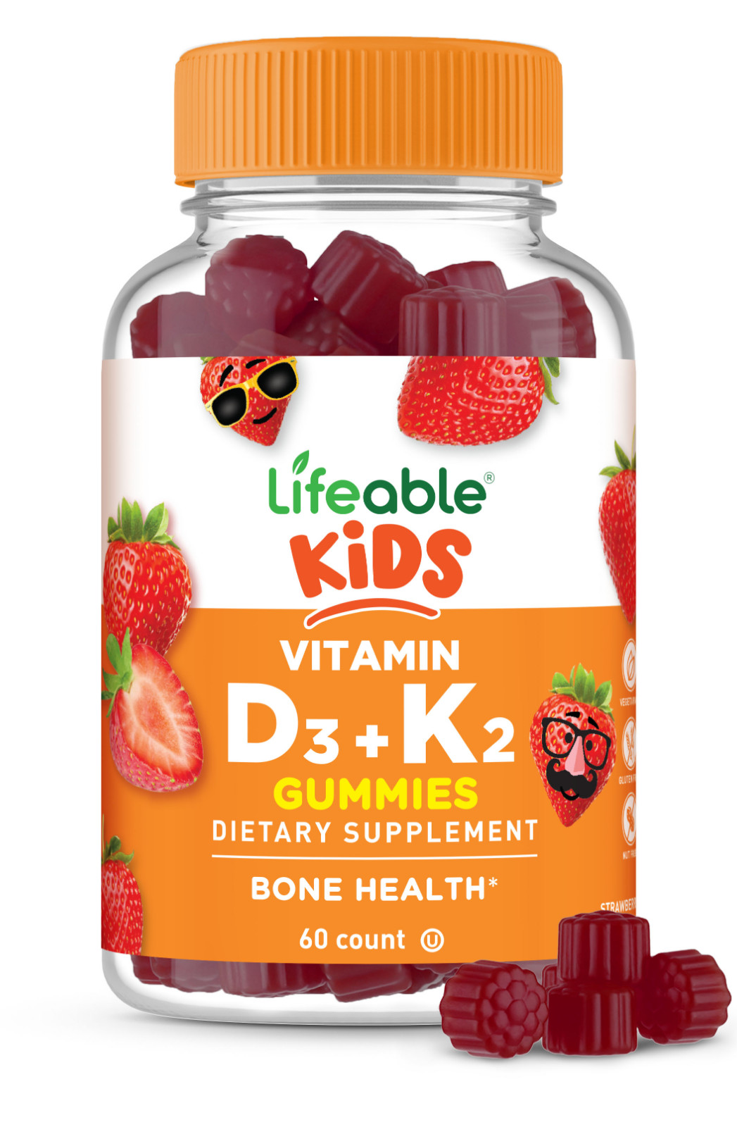 Lifeable Vitamin D + K for Kids – Strawberry Flavor Gummy – 60 Count