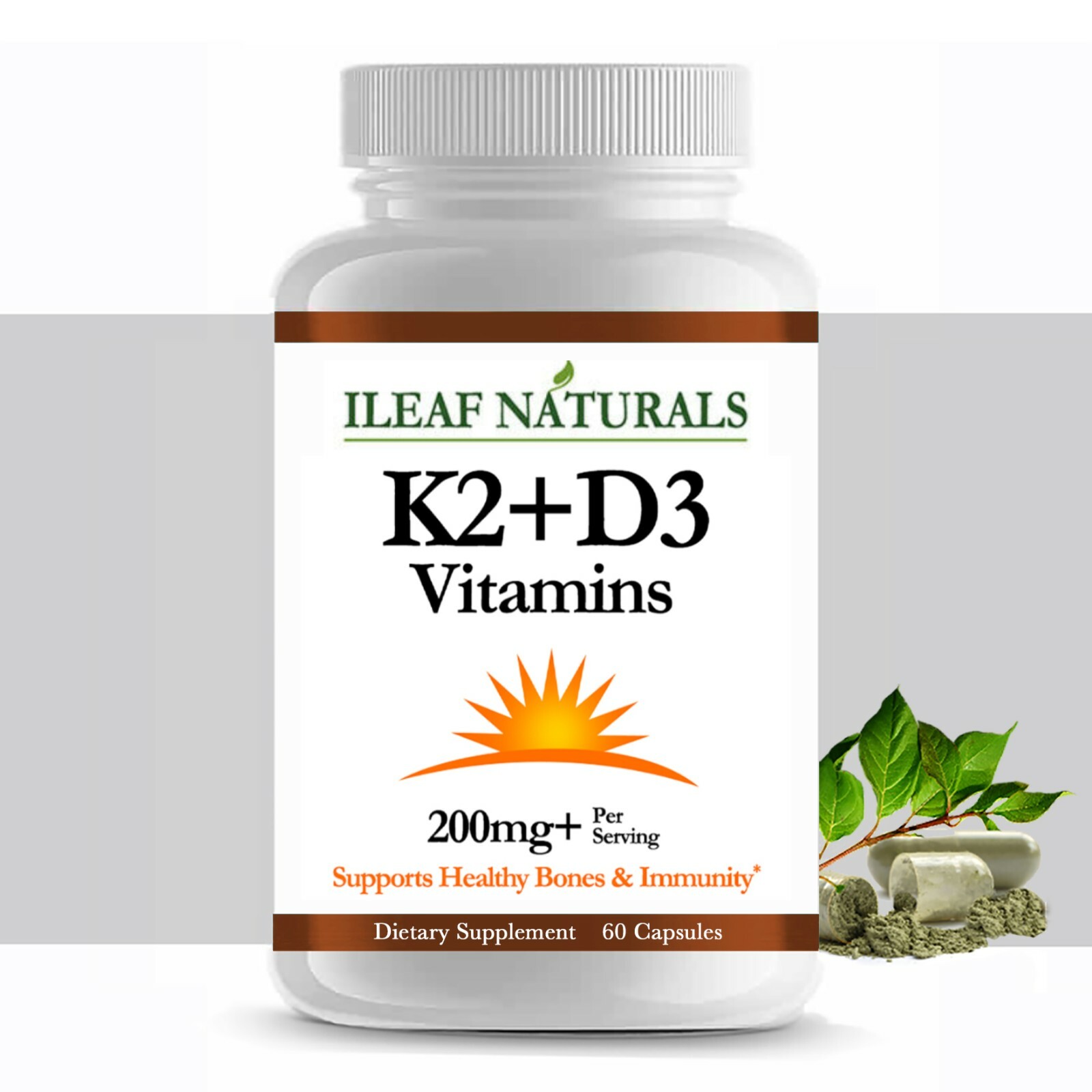 iLeafNaturals K2 + D3 Vitamins With BioPerine 200 MG – 60 Veggie Capsules
