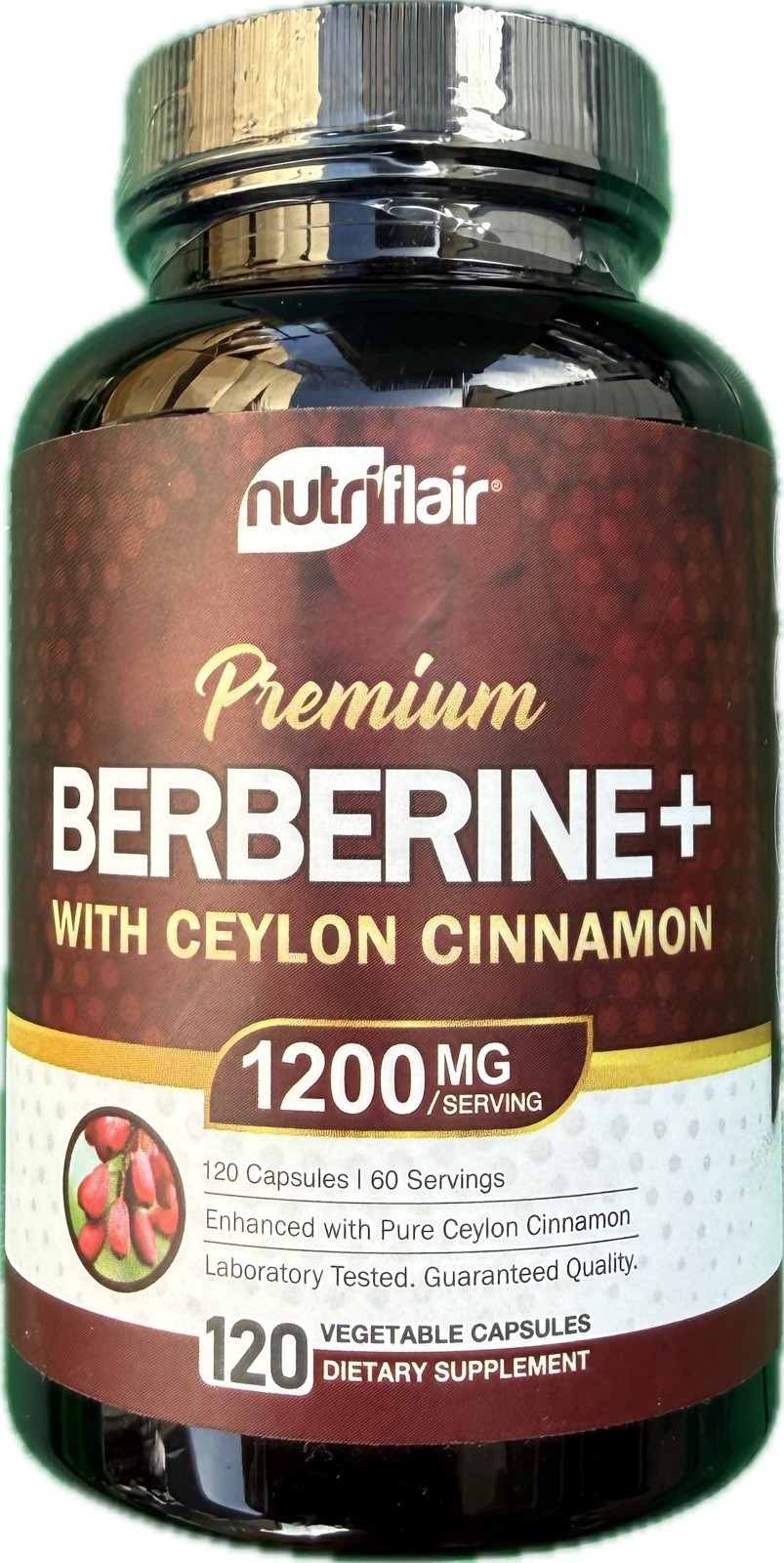 Nutriflair Premium Berberine HCL 1200mg Plus Pure True Ceylon Cinnamon 120 Cap.