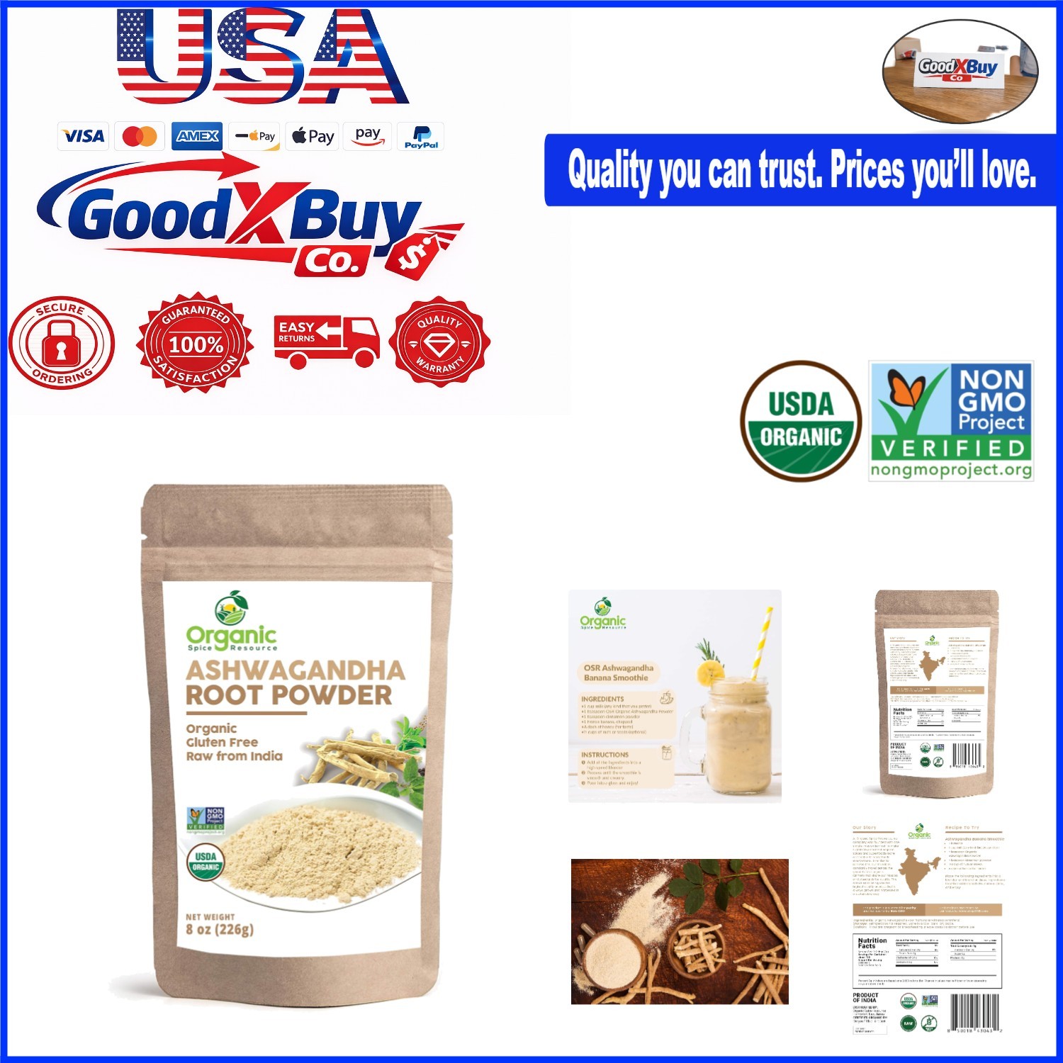 Organic Ashwagandha Root Powder 8oz Non-GMO Ginseng Adaptogen Lab Tested – Na…