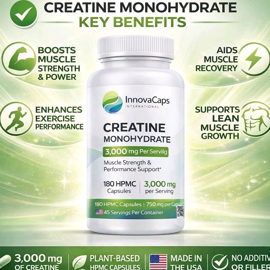 InnovaCaps Creatine Monohydrate 180 Plant-Based HPMC Capsules 3,000mg/Serving