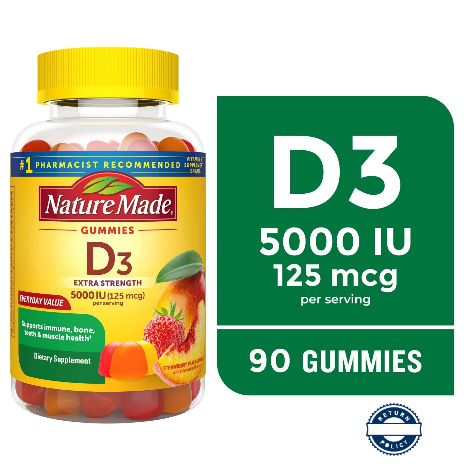 Extra Strength Vitamin D3 5000 IU (125 Mcg) per Serving Gummies, 90 Count