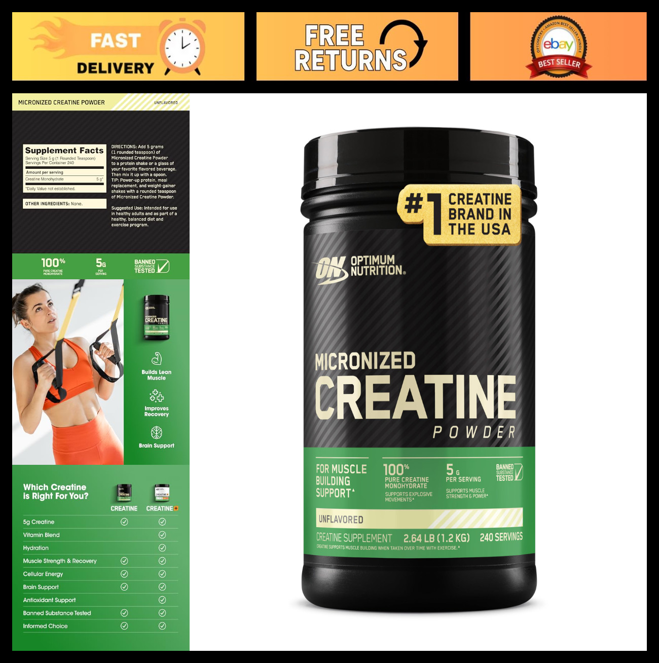 Micronized Creatine Monohydrate Powder, Unflavored, 240 Servings, 1200g – Muscle