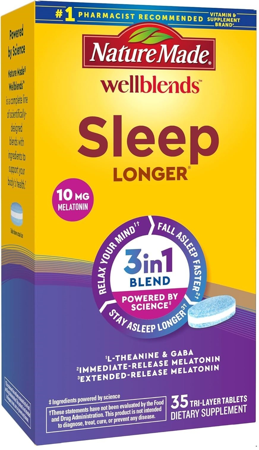 Nature Made Wellblends Sleep Longer Melatonin 10mg, L-Theanine & GABA, 35 Ct