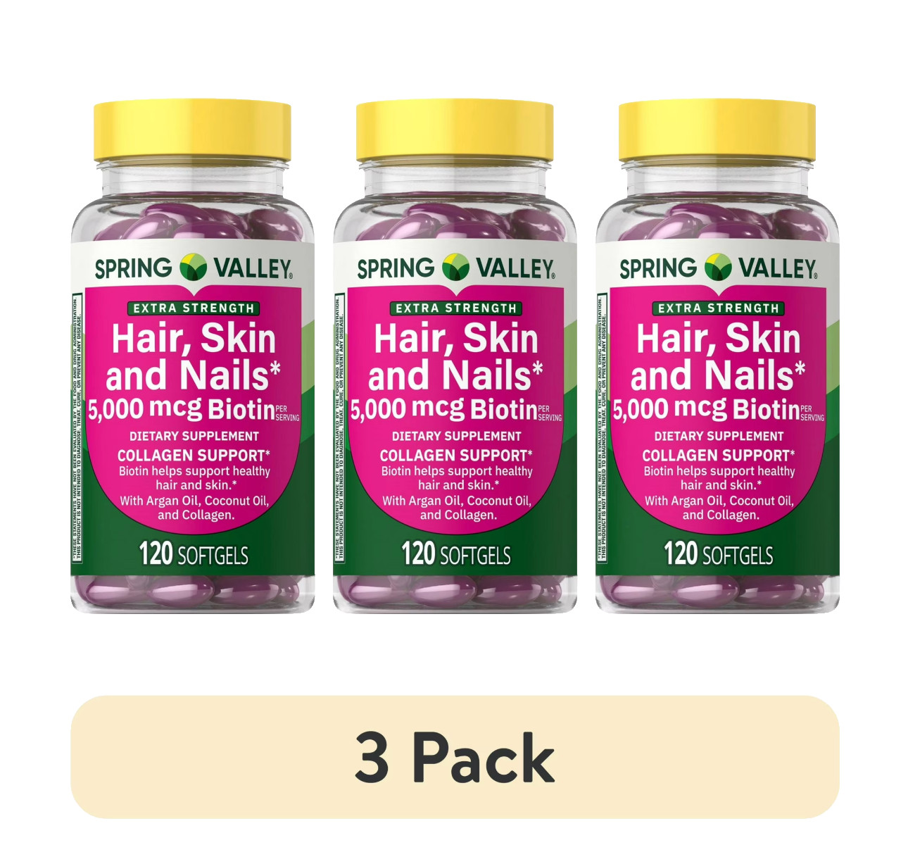 Hair Skin & Nails 5000 mcg Biotin Collagen Support 120 Softgels x3