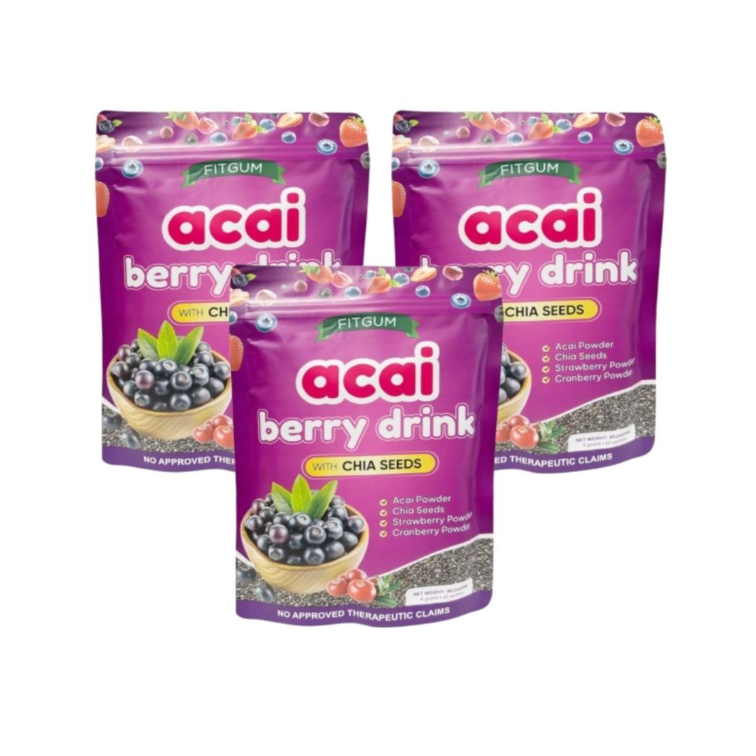 3 Packs FITGUM Acai Berry Drink Powder w/ Chia & Collagen – 30 Sachets