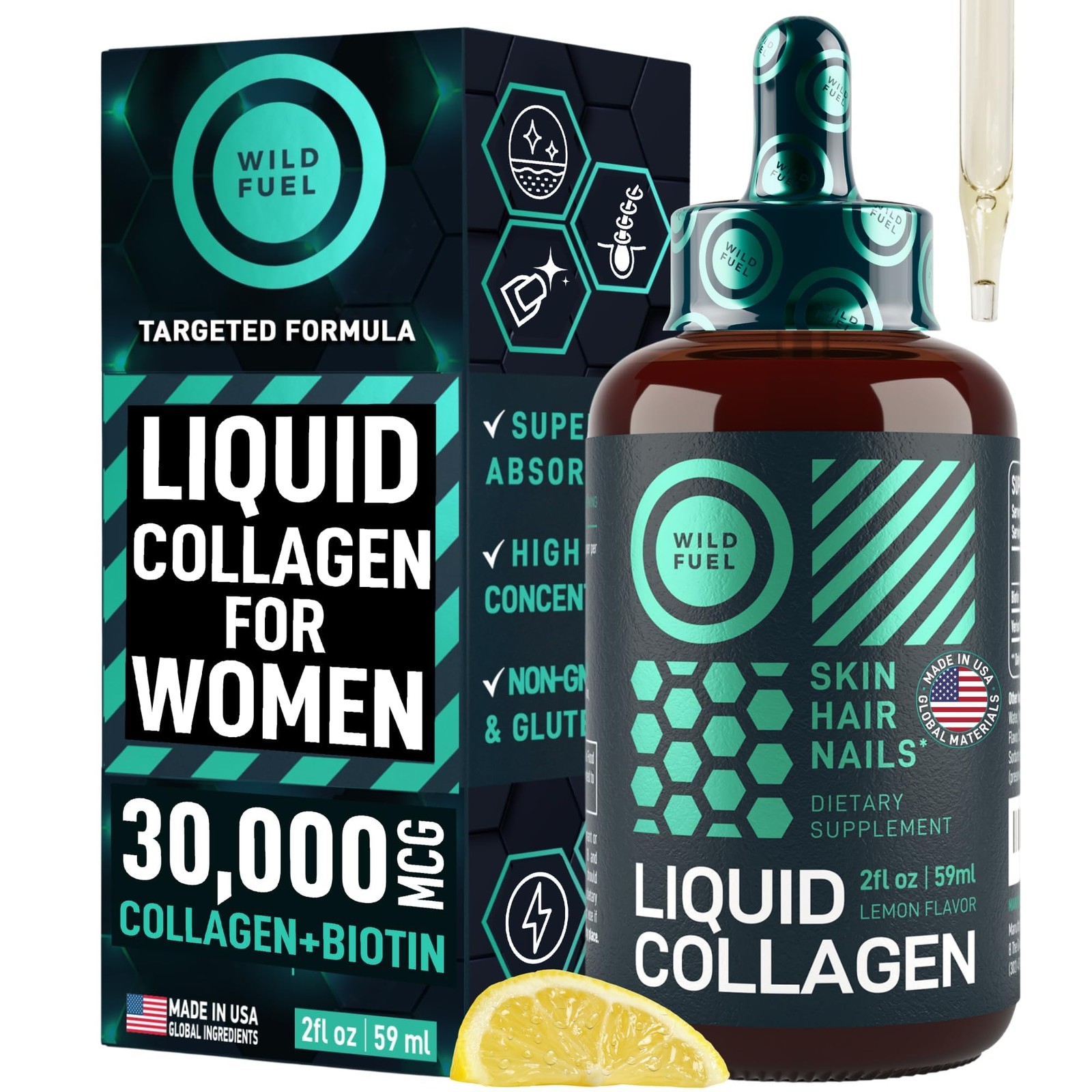 WILD FUEL Liquid Collagen Peptides with Biotin Vitamins 2 Fl Oz (Pack of 1)