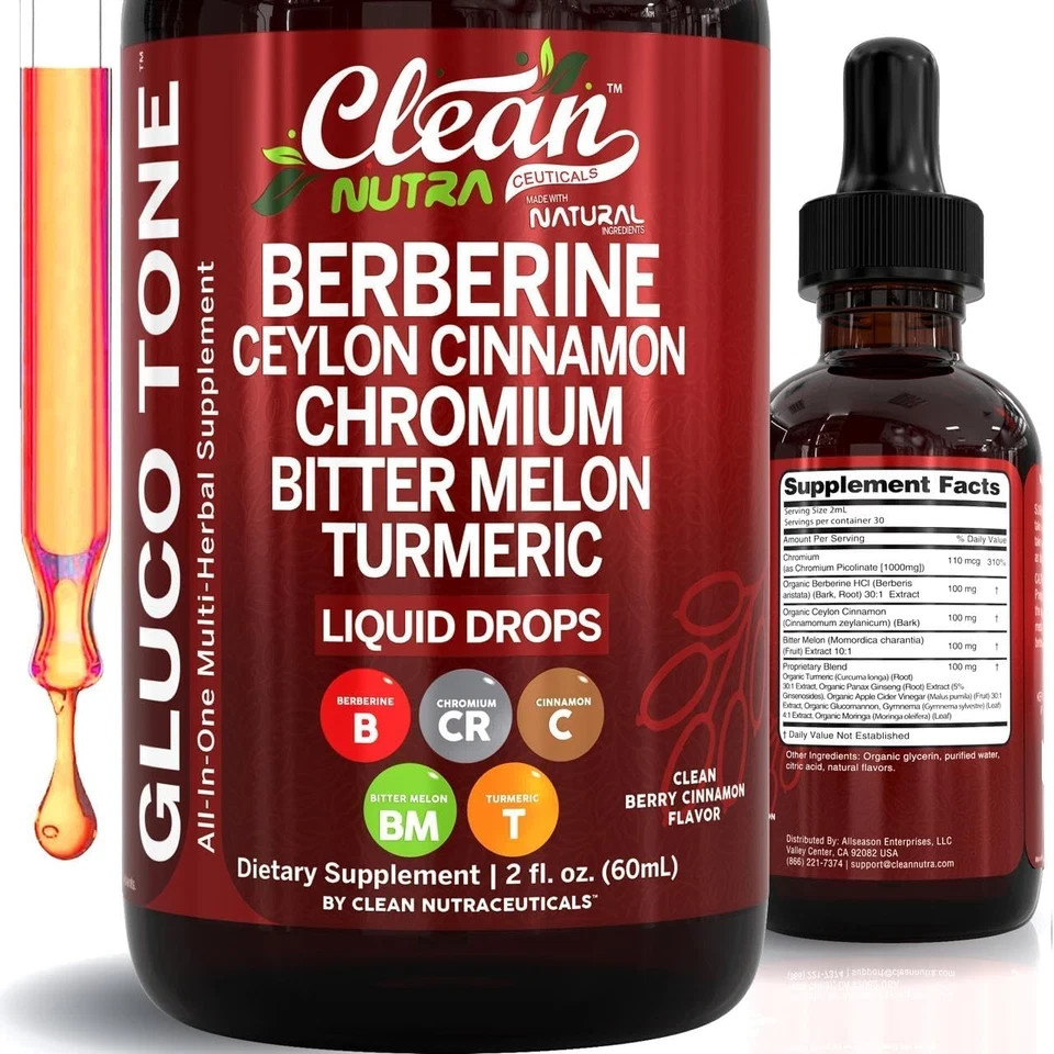 Clean Nutra Berberine Liquid Drops Ceylon Cinnamon Bitter Melon Chromium