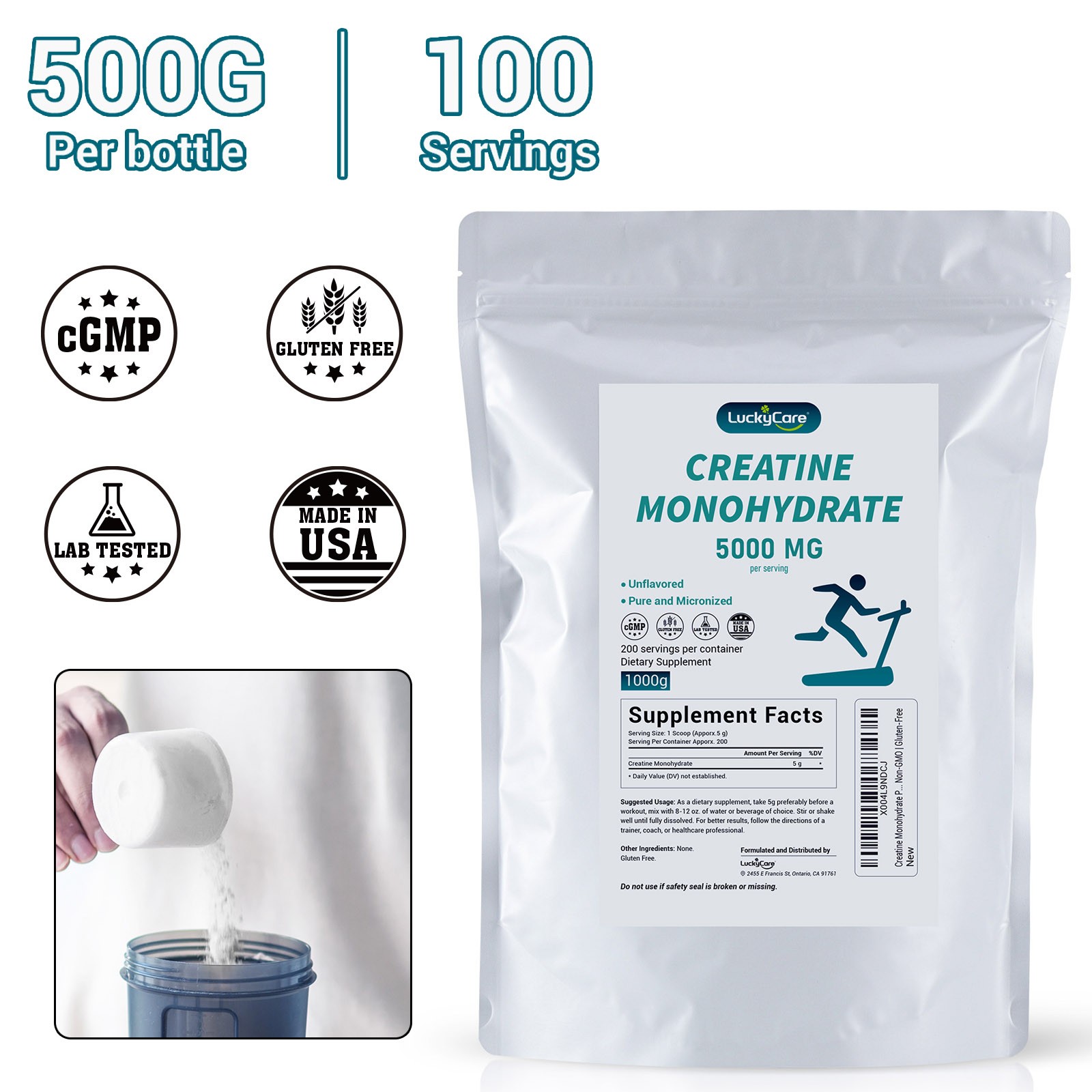 2.2LB(1000g) Creatine Monohydrate Dietary Supplement Gluten-Free 200 Servings