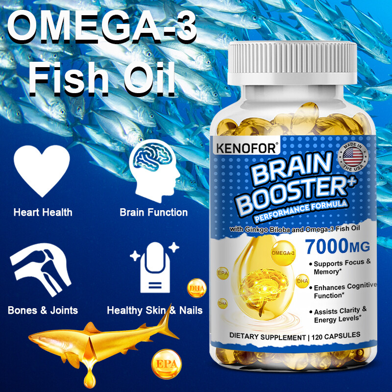 Brain Booster – Omega 3 Fish Oil, Ginkgo Biloba & Vitamin B12 – 120 Capsules