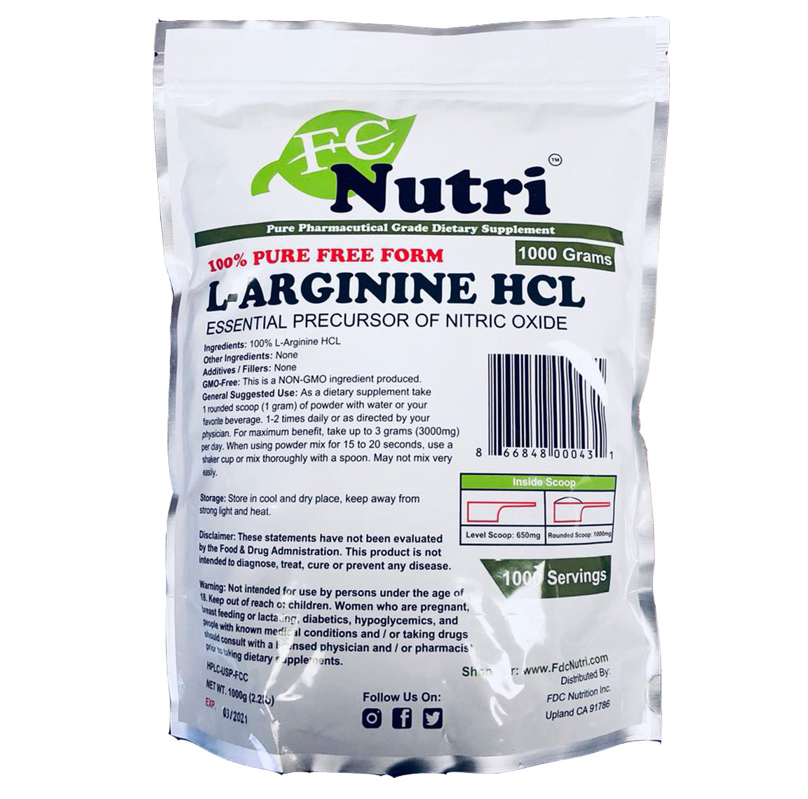 New L-Arginine HCL Powder 100%pure 2.2 Lb (1000 grams) By FDC NUTRITION