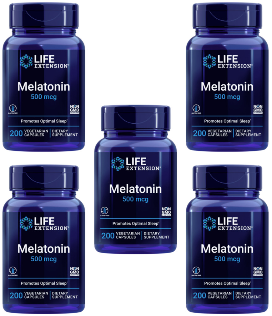 5 PACK Life Extension Melatonin 500 mcg Optimal Sleep Support 200 Veg Capsules
