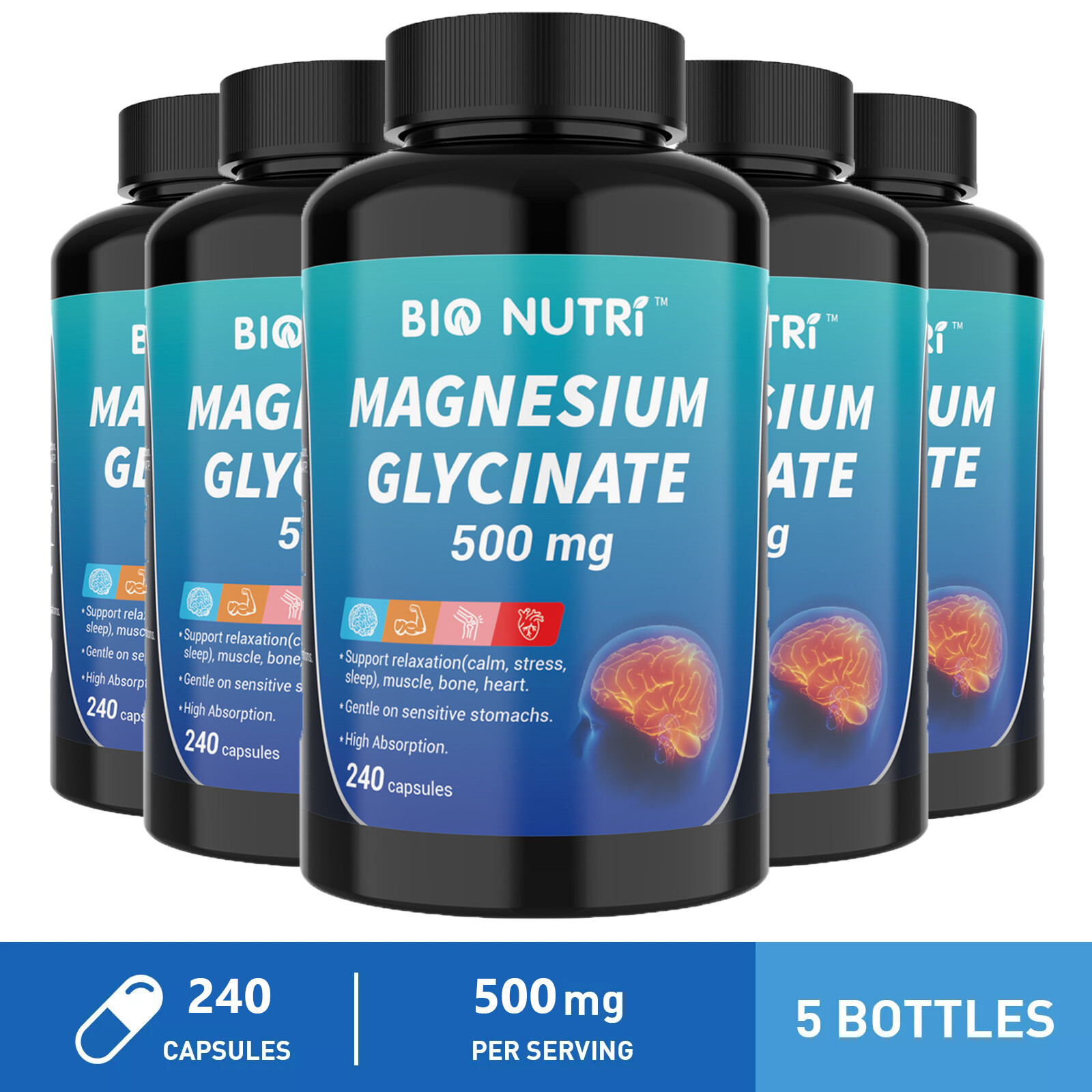 Magnesium Glycinate 500mg 240 Capsules Sleep Stress Relief Bone Muscle Support