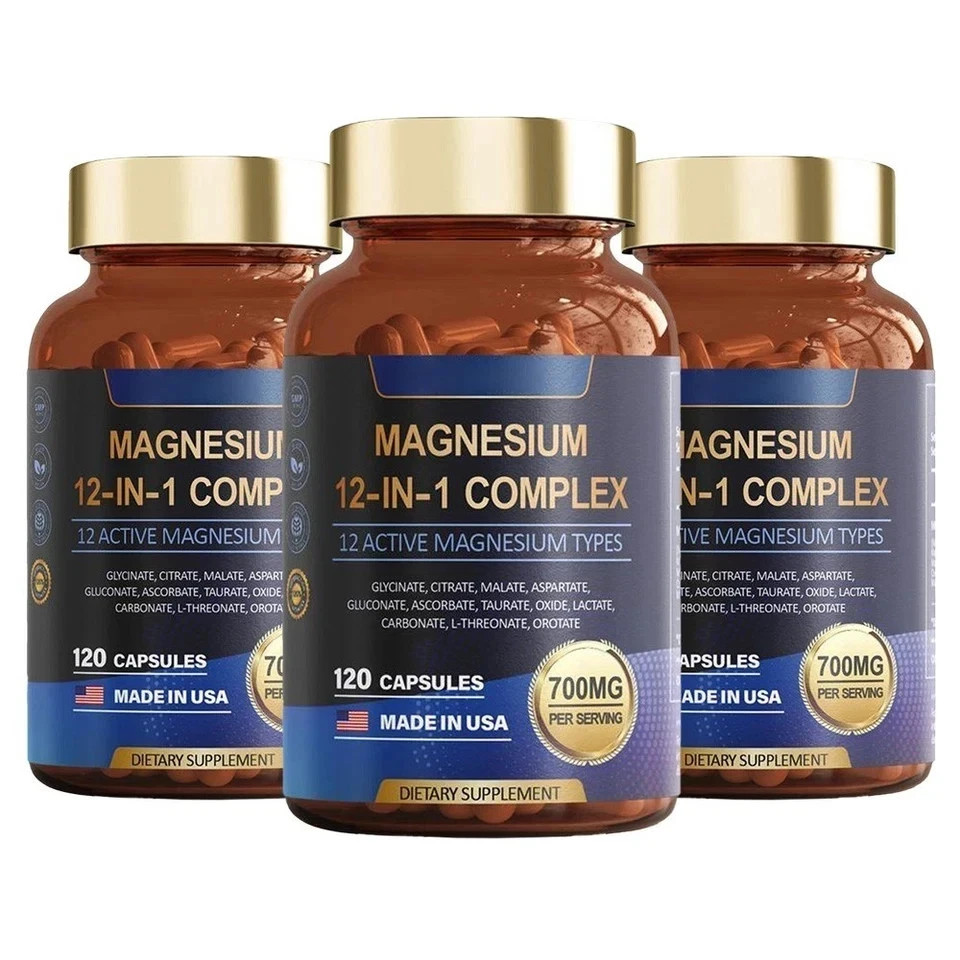 3 PACK Magnesium 12 in 1 Complex 700mg -Dietary Supplement 120 capsules