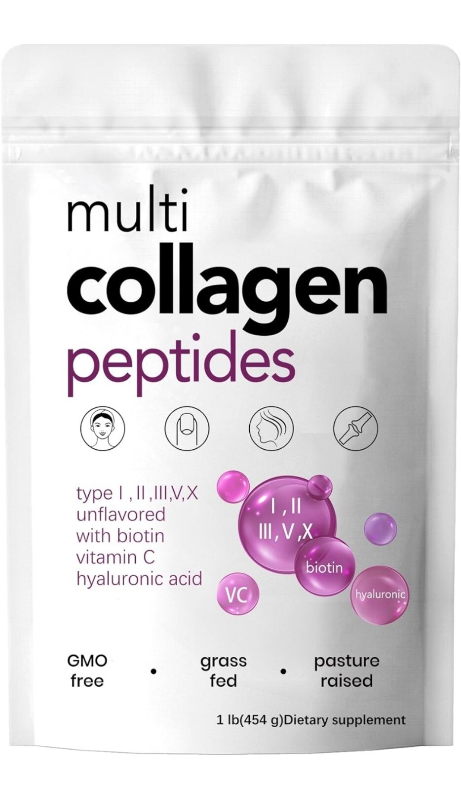 Multi Collagen Peptides Powder-TypeI,II,III,V,X-Hyaluronic Acid,Biotin&Vitamin C