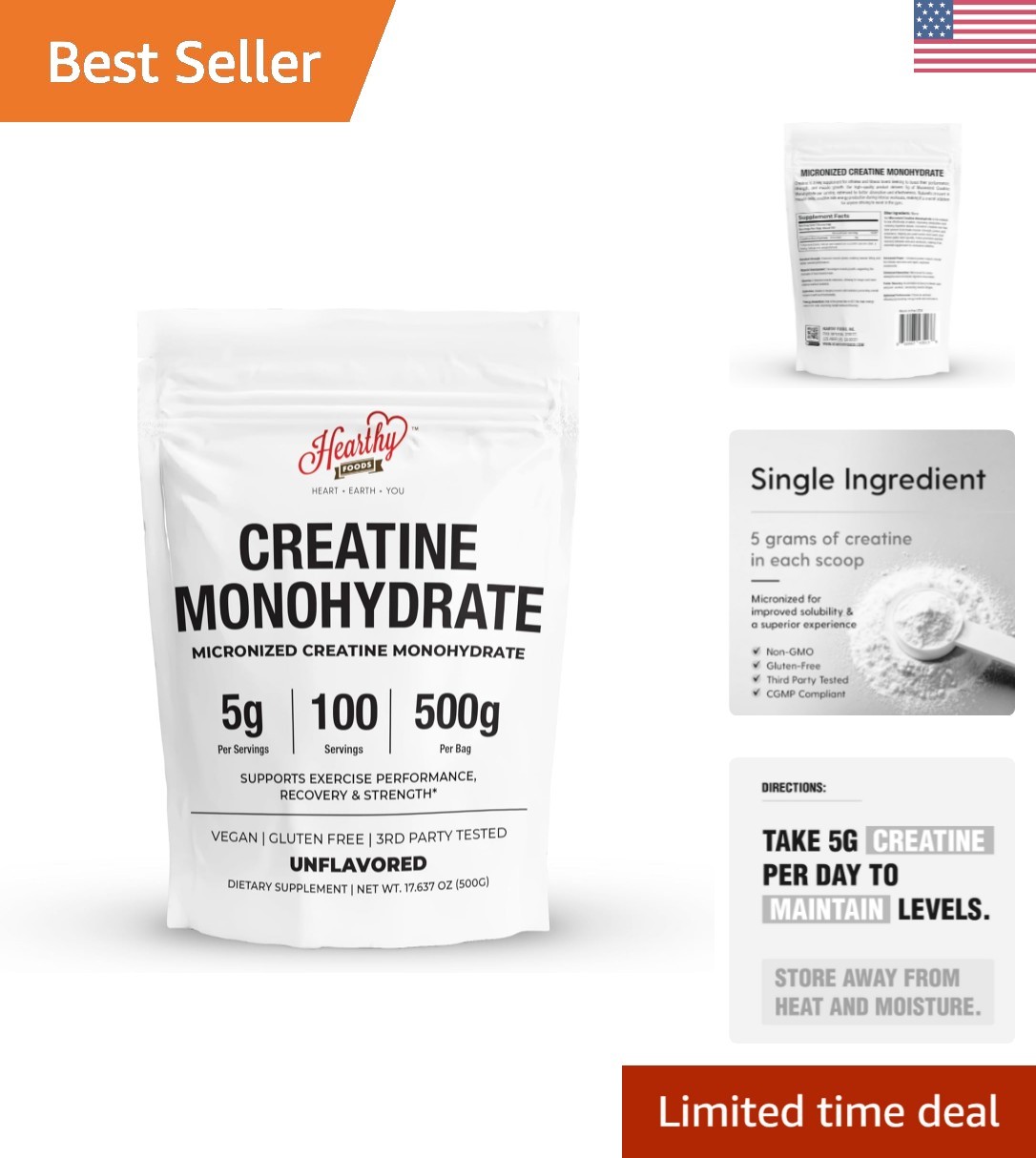 100% Pure Micronized Creatine Monohydrate Powder 500G – 100 Servings Unflavored