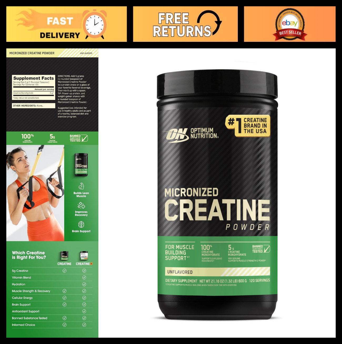 Micronized Creatine Monohydrate Powder, Unflavored, 120 Servings, 600g – Muscle