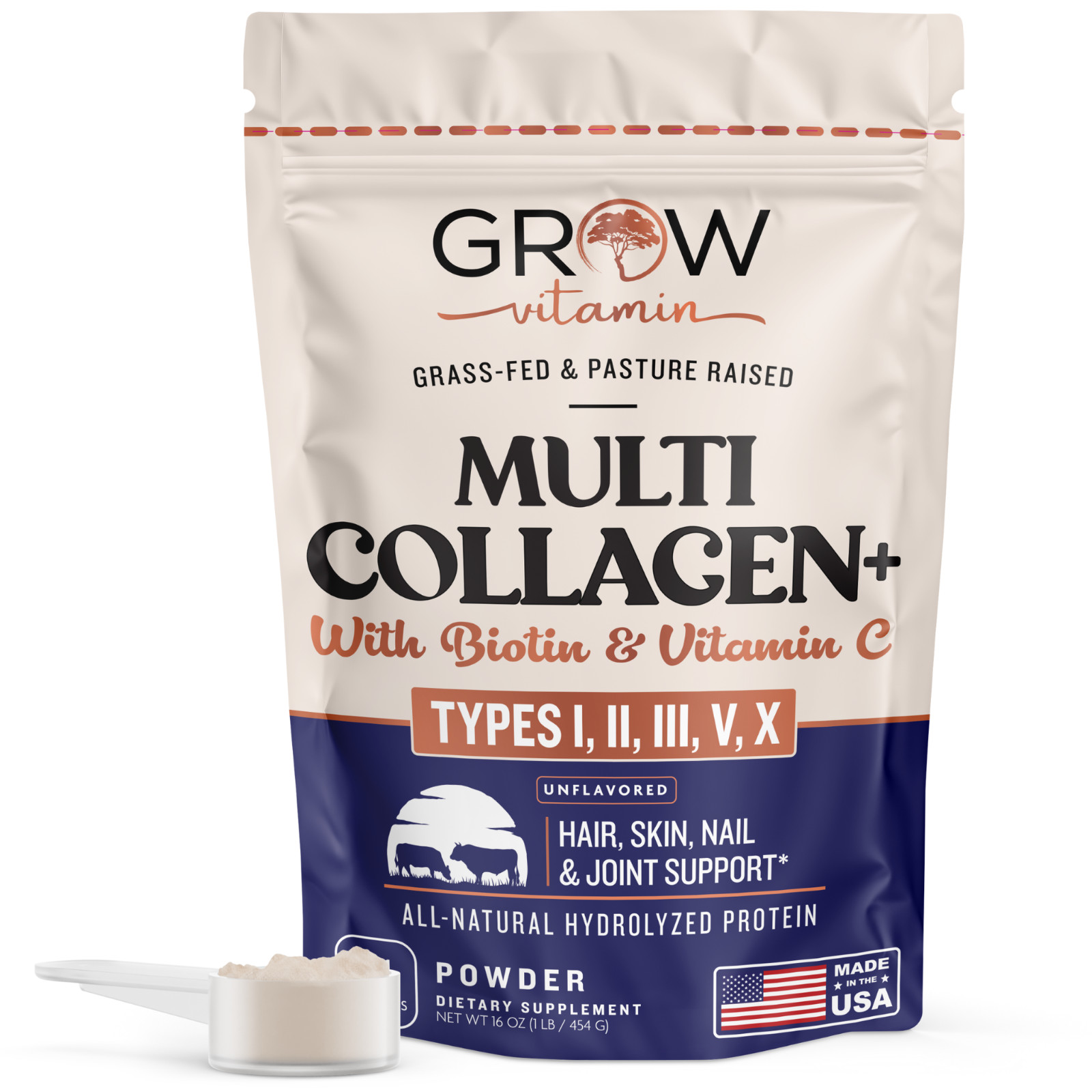 Collagen Peptides, Collagen Type I & III W/ Vitamin C & BIOTIN, Unflavored, 1 LB