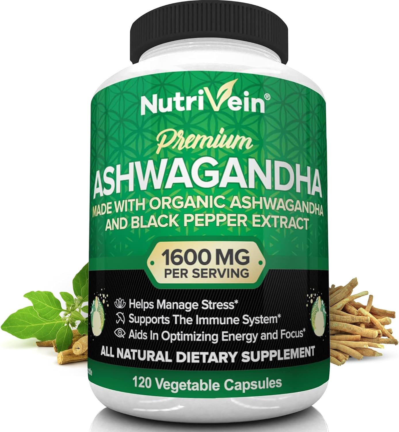 Nutrivein Organic Ashwagandha Capsules 1600mg with 120 Count (Pack of 1)
