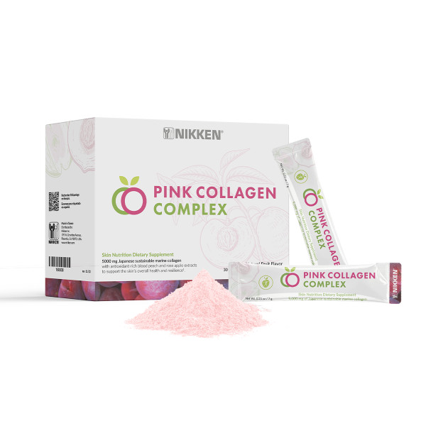 Pink Collagen Peptides with antioxidants, Peach extract, Red Beetroot, and Iron.
