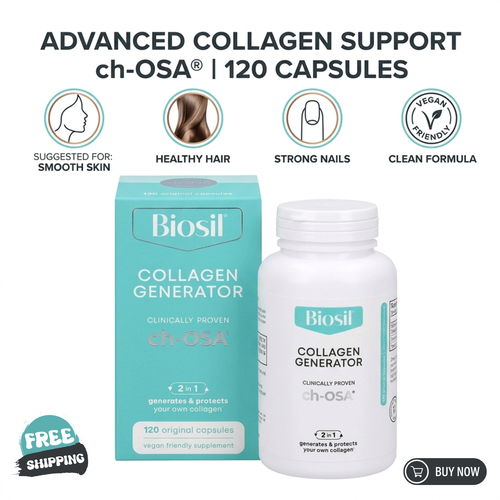BioSil Collagen Generator ch-OSA – 120 Caps – Hair Skin Nails Growth Supplement