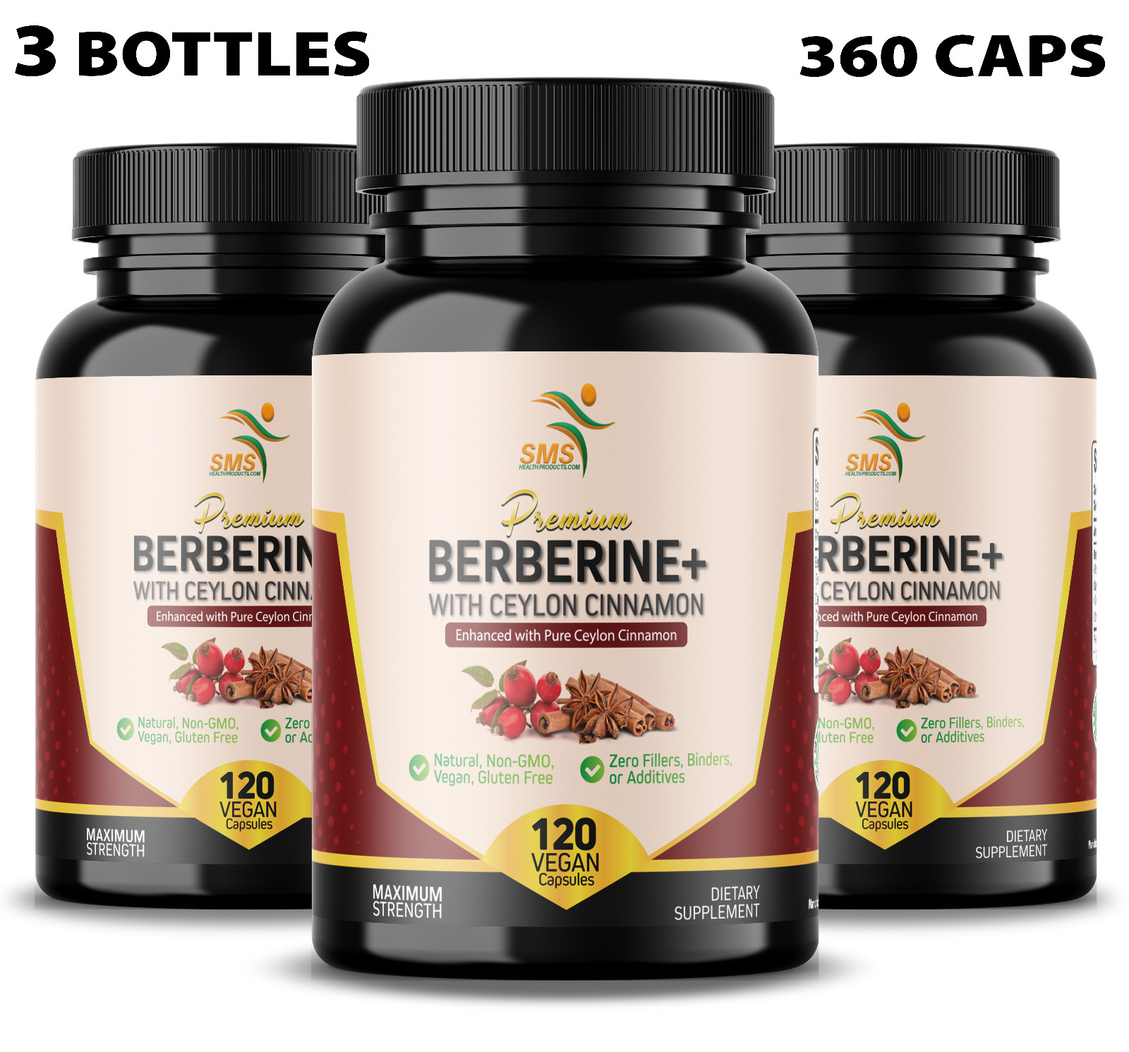 Berberine HCl + Ceylon Cinnamon 1,300mg | Organic | No Fillers | 360 Capsules