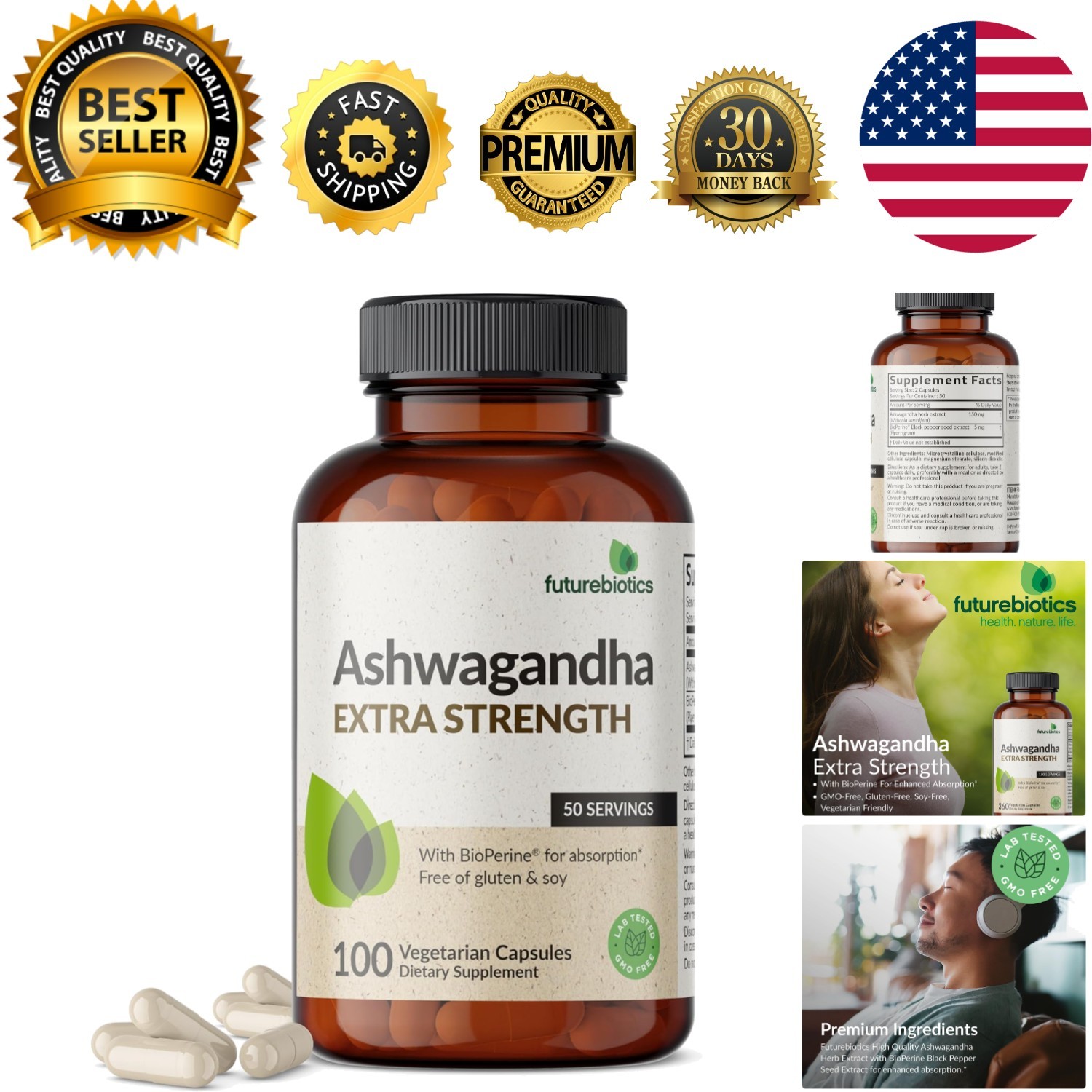 High-Quality Ashwagandha with BioPerine for Stress Relief – 100 Veggie Capsules