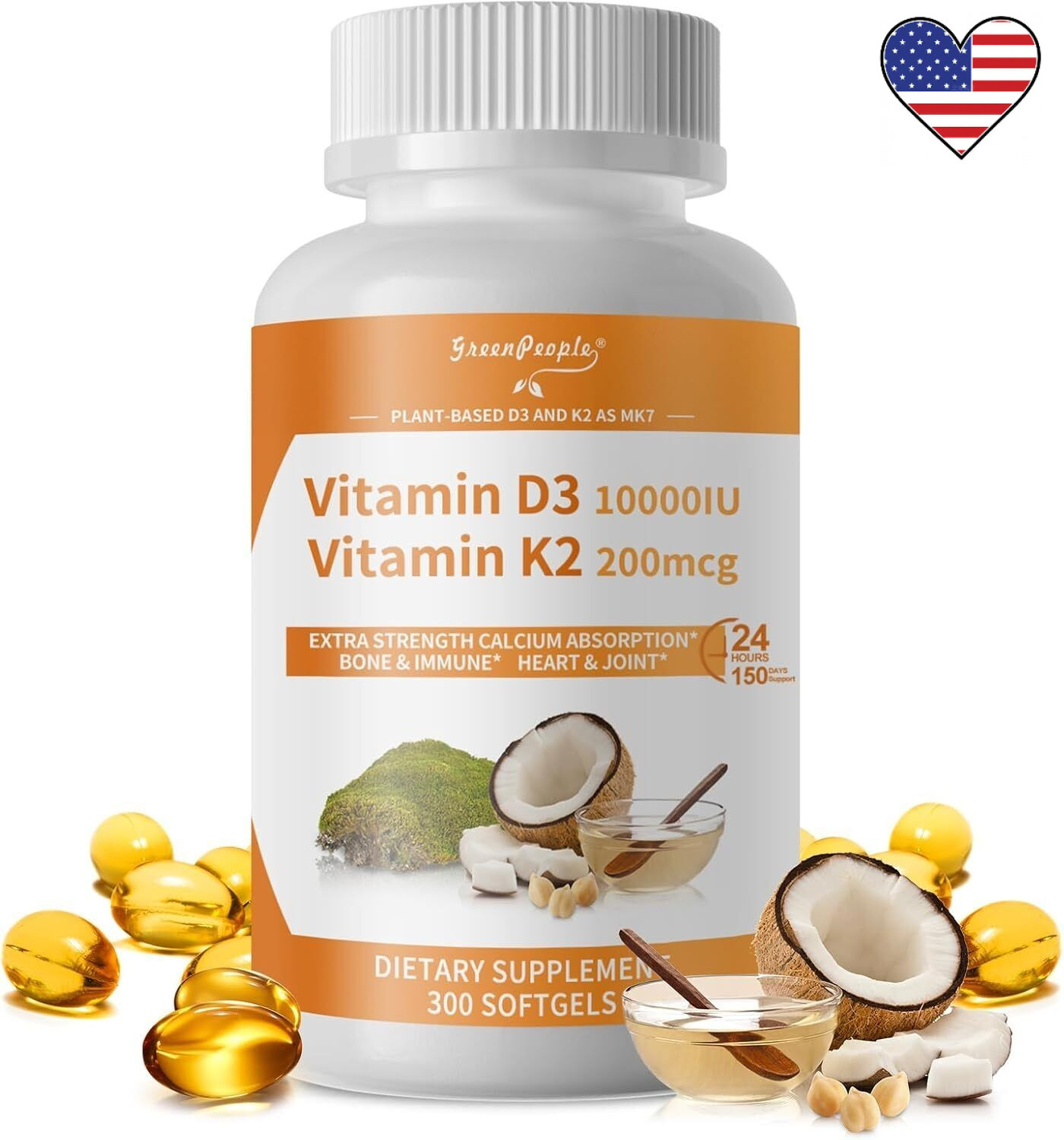 Vitamin D3 10,000 IU + K2 MK-7 200 mcg, 300 Softgels  5 Months Supply