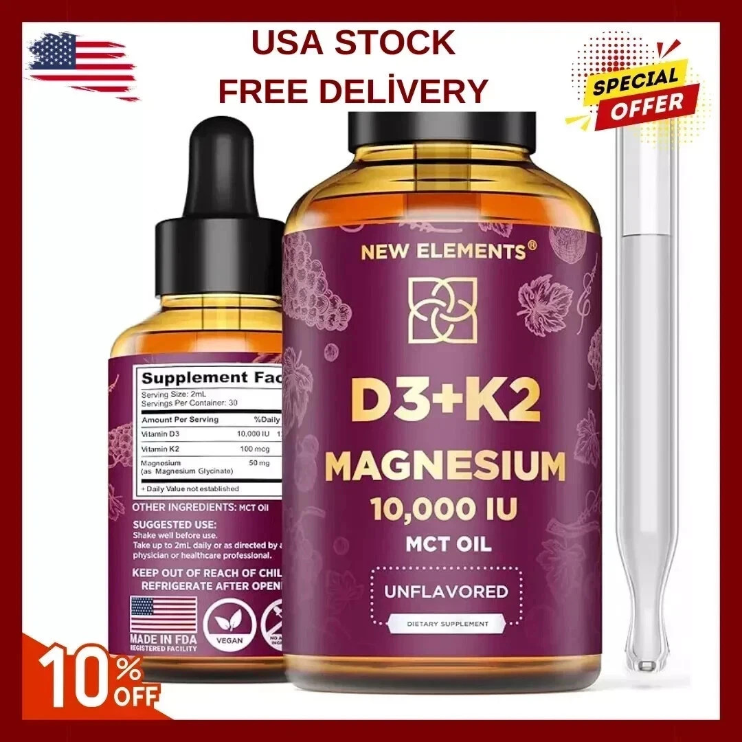 Liquid Vitamin D3 K2 10000IU with Magnesium Glycinate 5mg | Vit D3 K2 Drops for