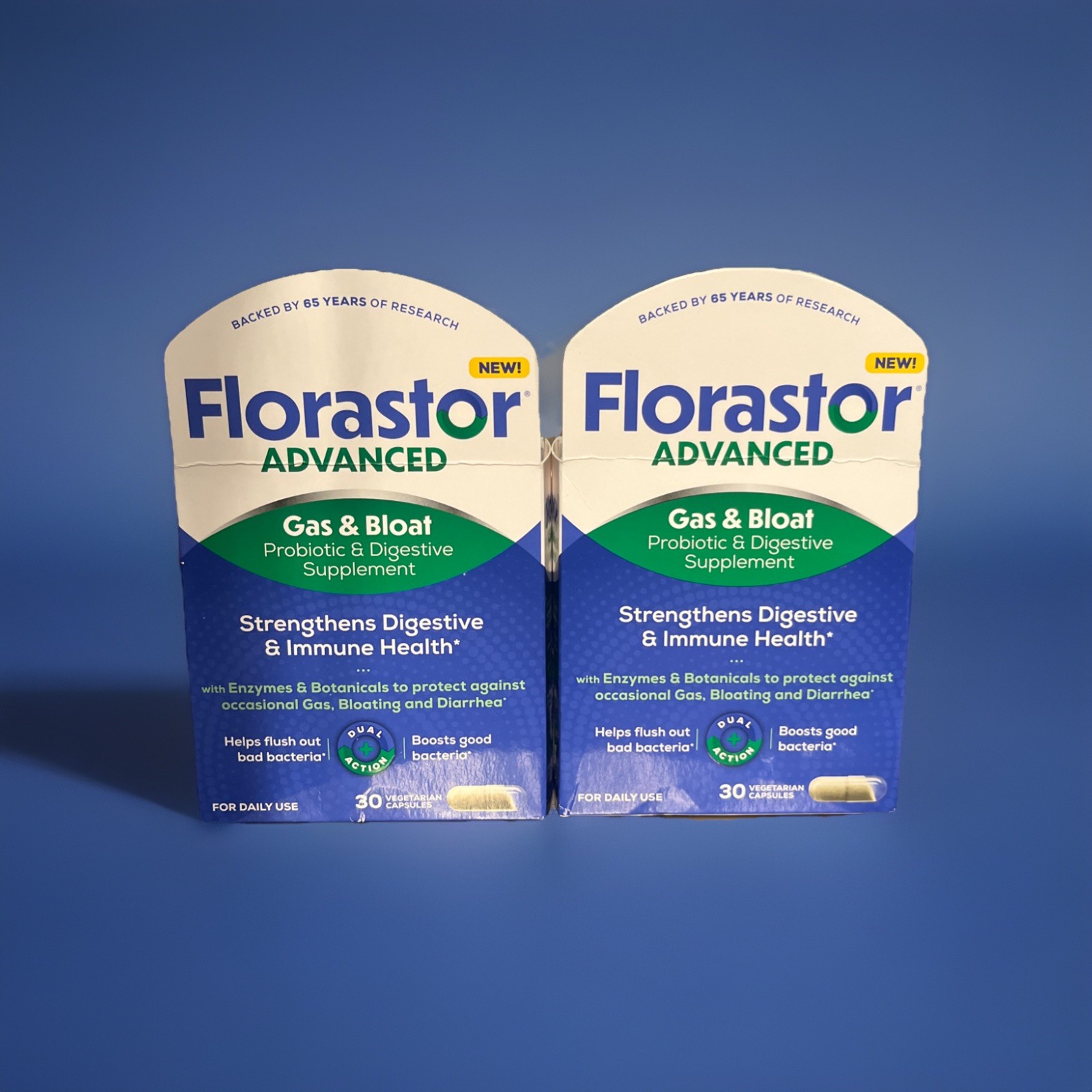2 FLORASTOR ADVANCED 2-IN-1 DUAL ACTION PROBIOTIC SUPPLEMENT 30 X2 60 VEG CAPS