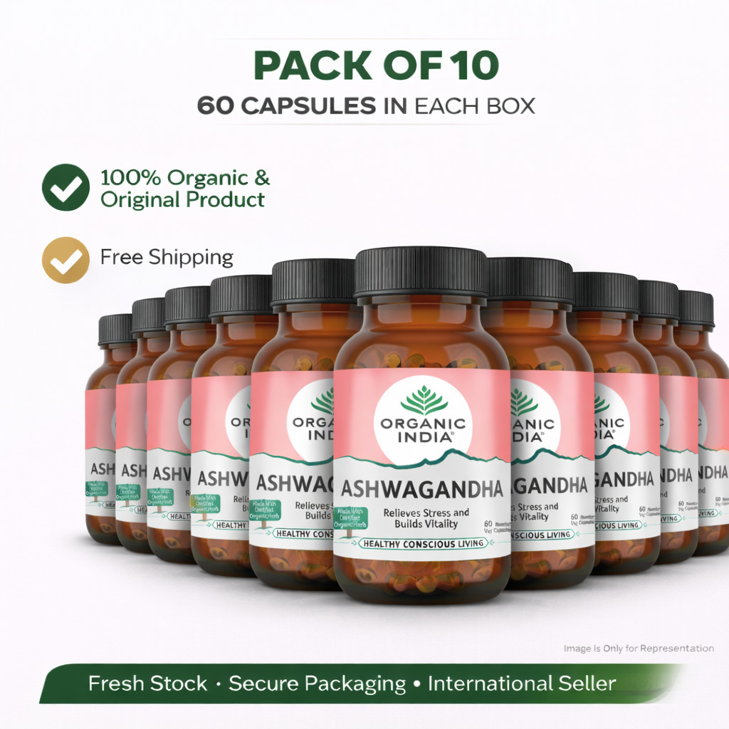 Organic India Ashwagandha 60 Veg Capsules 400mg Ayurvedic Herbal 10 Pack Energy
