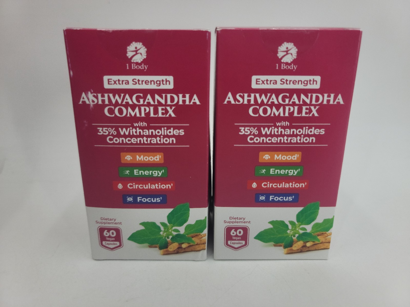 Lot Of 2 1Body Ashwagandha Complex 60 Capsules with Shoden Stress Relief Focus