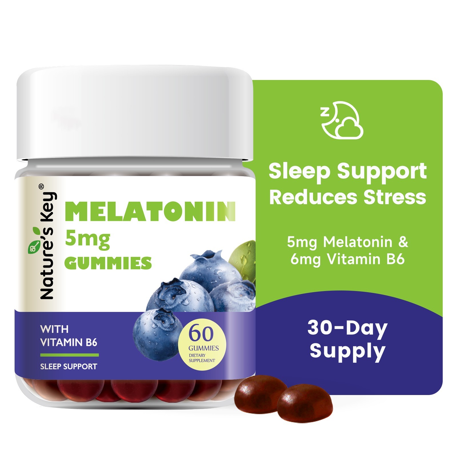 Nature’s Key Melatonin 5 mg Sleep Support Gummies for Adults Blueberry Flavor